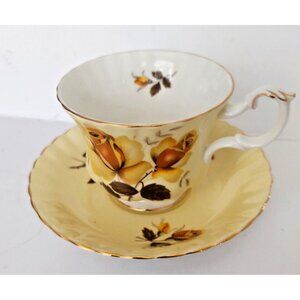 Royal Albert Bone China Yellow Teacup & Saucer Set - Yellow/Red Rose